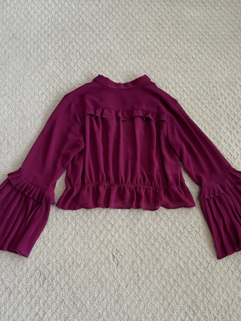 Anthropologie Sheer Ruffled V-Neck Blouse Berry XL Cropped Flowy Lightweight - Picture 10 of 15